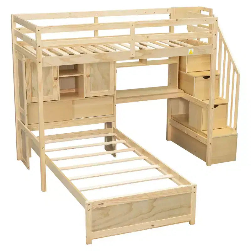 Lit superposé double en bois avec bureau et escalier, lit mezzanine double en L avec rangements et étagères