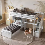 Lit superposé double en bois avec bureau et escalier, lit mezzanine double en L avec rangements et étagères