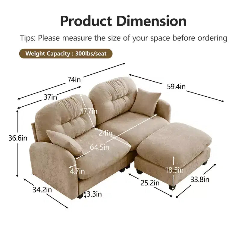 Canapé d'angle et pouf Cloud - Chenille moelleuse, mousse haute densité capitonnée, canapé d'angle compact pour salon