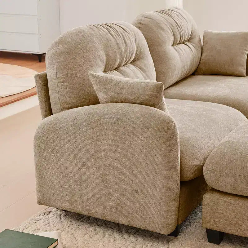 Canapé d'angle et pouf Cloud - Chenille moelleuse, mousse haute densité capitonnée, canapé d'angle compact pour salon