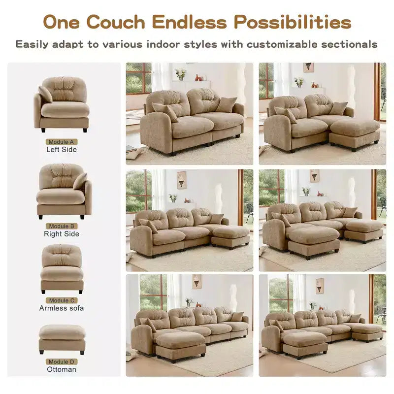 Canapé d'angle et pouf Cloud - Chenille moelleuse, mousse haute densité capitonnée, canapé d'angle compact pour salon