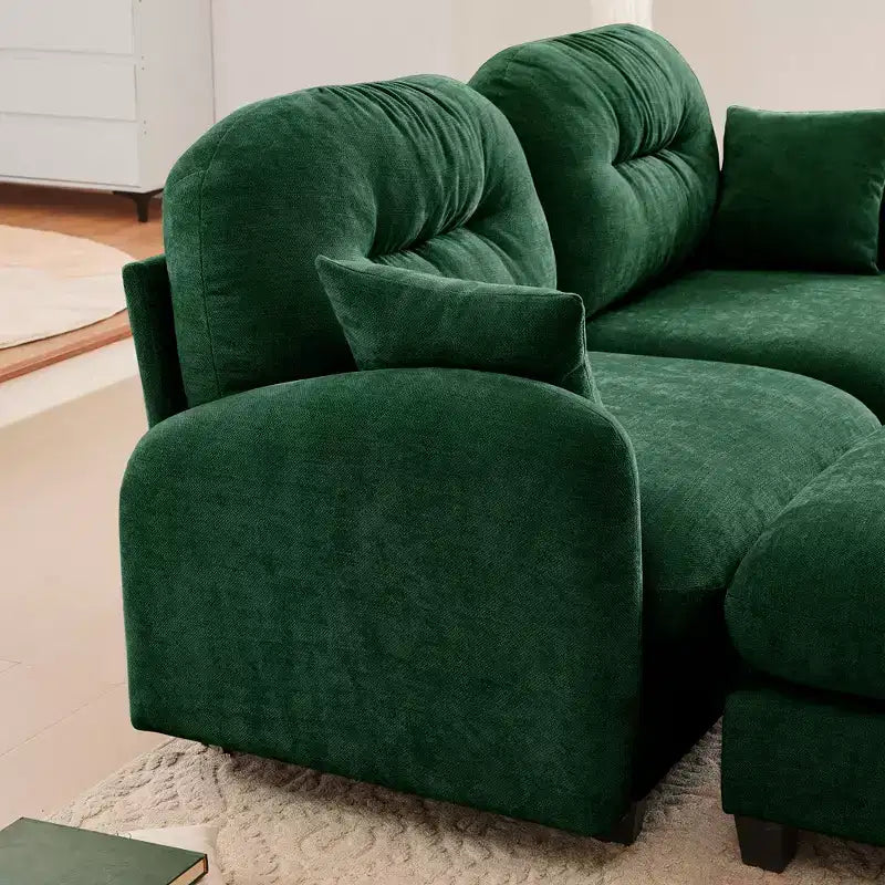 Canapé d'angle et pouf Cloud - Chenille moelleuse, mousse haute densité capitonnée, canapé d'angle compact pour salon