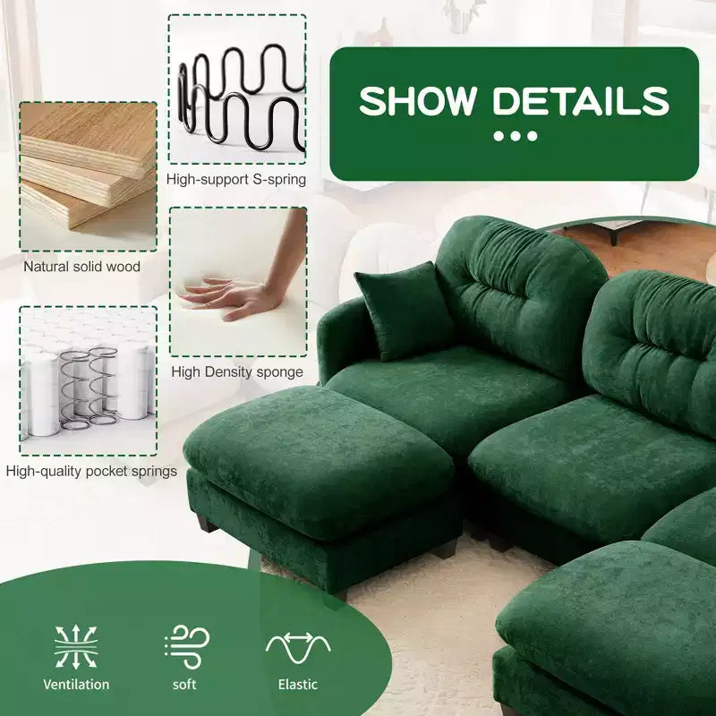 Canapé d'angle et pouf Cloud - Chenille moelleuse, mousse haute densité capitonnée, canapé d'angle compact pour salon