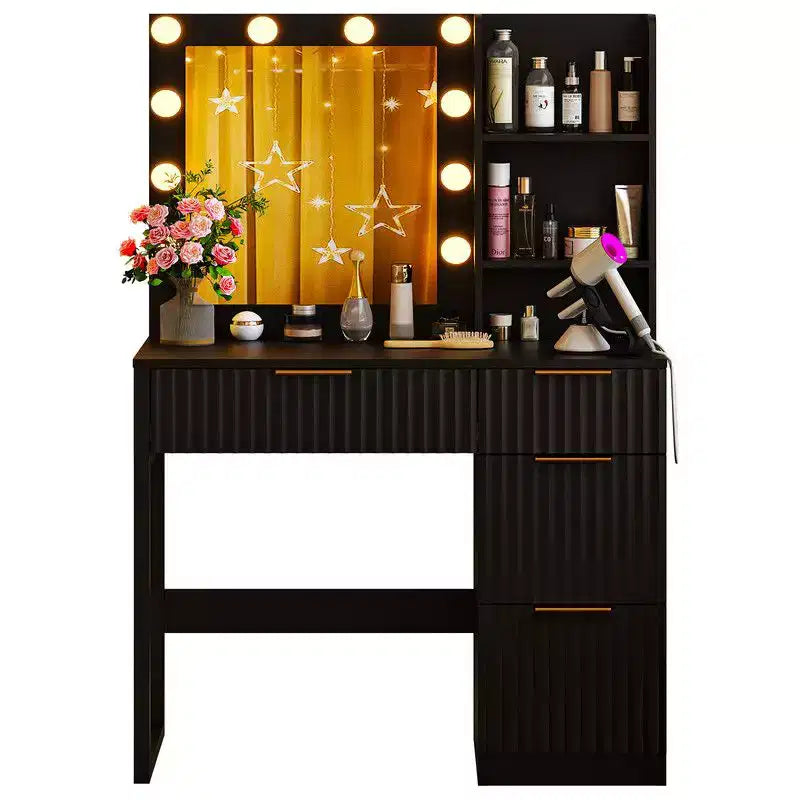 Coiffeuse en panneau de particules blanc plaqué en mélamine texturée, 4 tiroirs, 2 étagères, avec 10 ampoules dimmables trois couleurs et multiprise