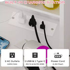 Coiffeuse en panneau de particules blanc plaqué en mélamine texturée, 4 tiroirs, 2 étagères, avec 10 ampoules dimmables trois couleurs et multiprise