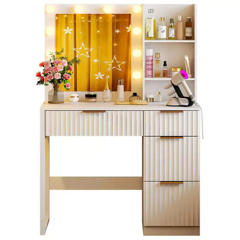 Coiffeuse en panneau de particules blanc plaqué en mélamine texturée, 4 tiroirs, 2 étagères, avec 10 ampoules dimmables trois couleurs et multiprise