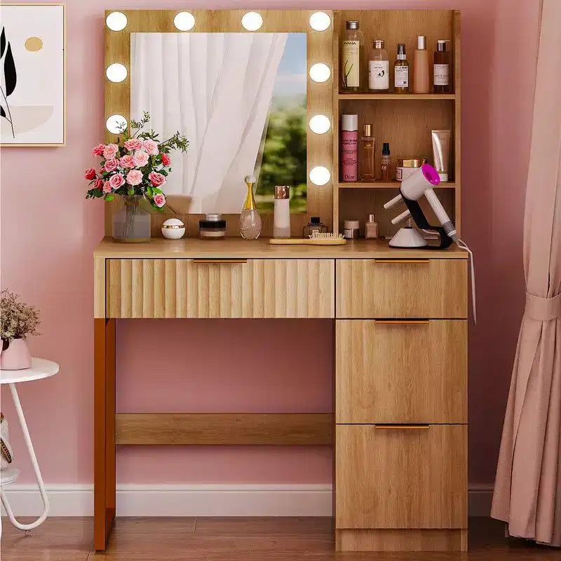 Coiffeuse en panneau de particules blanc plaqué en mélamine texturée, 4 tiroirs, 2 étagères, avec 10 ampoules dimmables trois couleurs et multiprise