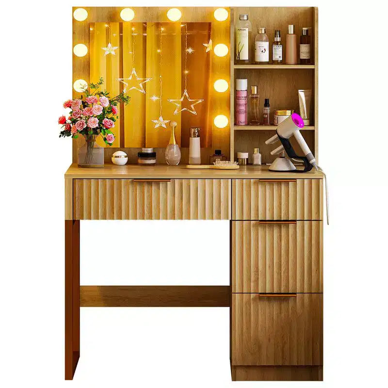 Coiffeuse en panneau de particules blanc plaqué en mélamine texturée, 4 tiroirs, 2 étagères, avec 10 ampoules dimmables trois couleurs et multiprise