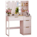 White Particle Board Veneered with Textured Melamine 4-drawer 2-shelf with 10 Three-color Dimmable Bulbs with Power Strip Dressing Table