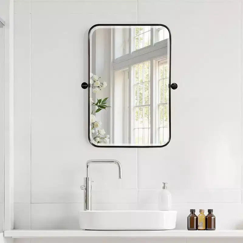 PexFix Miroir mural pivotant rectangulaire en fer noir 36 x 24 – Miroir de salle de bain inclinable avec cadre en métal réglable pour chambre à coucher et salon