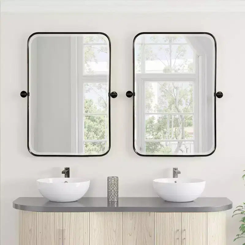 PexFix Miroir mural pivotant rectangulaire en fer noir 36 x 24 – Miroir de salle de bain inclinable avec cadre en métal réglable pour chambre à coucher et salon