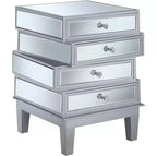 Table de bout HomeStock Belmont avec miroir et quatre tiroirs, table d'appoint contemporaine avec poignées en cristal et panneaux en verre pour rangement de salon