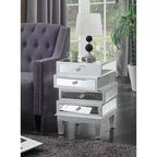 Table de bout HomeStock Belmont avec miroir et quatre tiroirs, table d'appoint contemporaine avec poignées en cristal et panneaux en verre pour rangement de salon