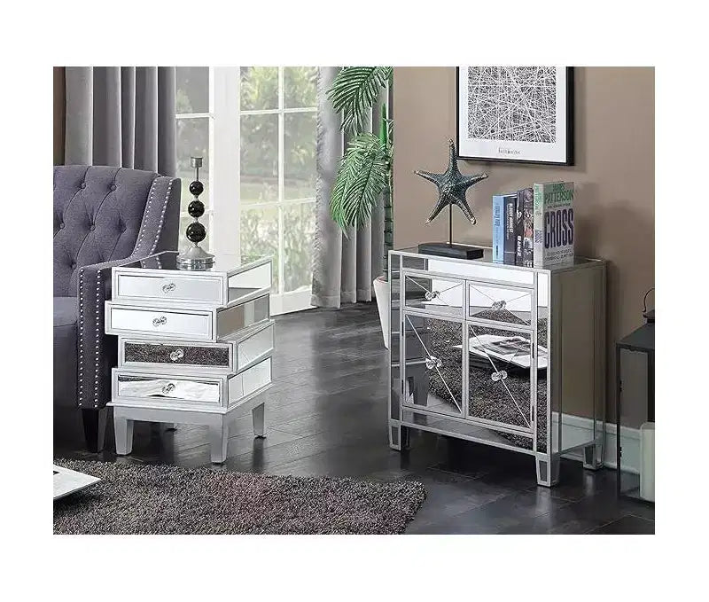 Table de bout HomeStock Belmont avec miroir et quatre tiroirs, table d'appoint contemporaine avec poignées en cristal et panneaux en verre pour rangement de salon