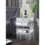 Table de bout HomeStock Belmont avec miroir et quatre tiroirs, table d'appoint contemporaine avec poignées en cristal et panneaux en verre pour rangement de salon