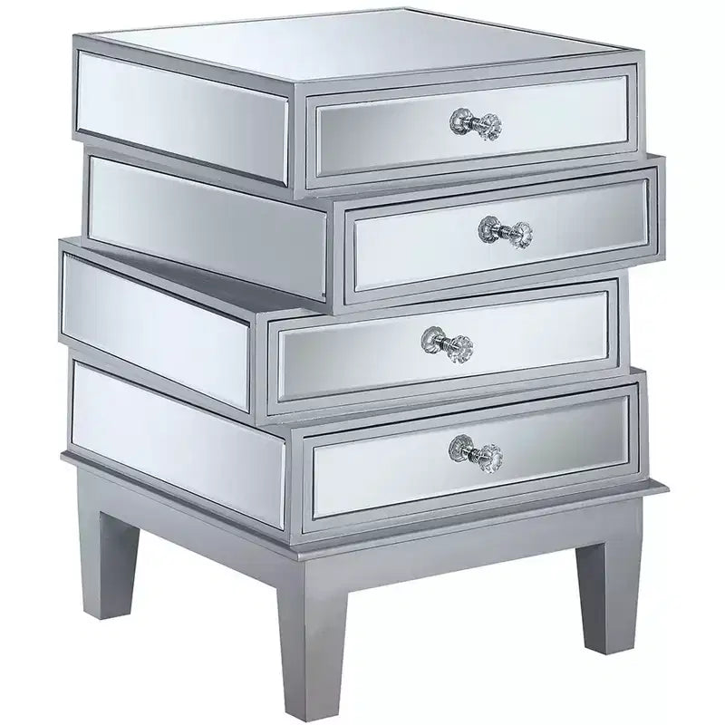 Table de bout HomeStock Belmont avec miroir et quatre tiroirs, table d'appoint contemporaine avec poignées en cristal et panneaux en verre pour rangement de salon