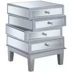 Table de bout HomeStock Belmont avec miroir et quatre tiroirs, table d'appoint contemporaine avec poignées en cristal et panneaux en verre pour rangement de salon