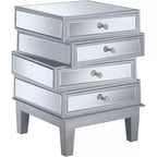 Table de bout HomeStock Belmont avec miroir et quatre tiroirs, table d'appoint contemporaine avec poignées en cristal et panneaux en verre pour rangement de salon