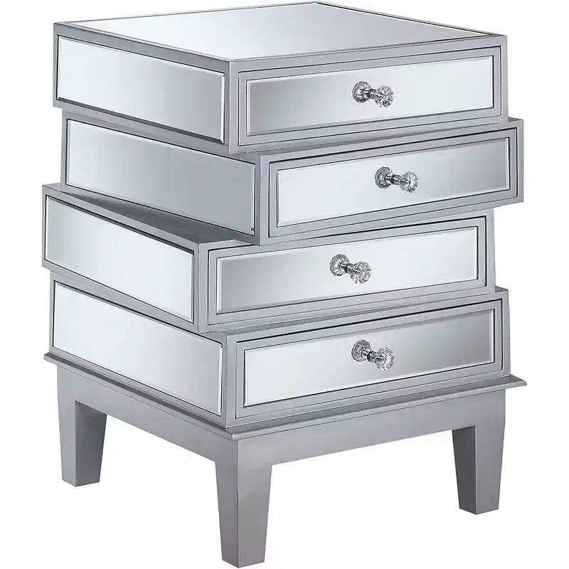 Table de bout HomeStock Belmont avec miroir et quatre tiroirs, table d'appoint contemporaine avec poignées en cristal et panneaux en verre pour rangement de salon