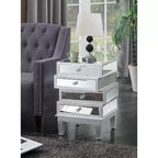 Table de bout HomeStock Belmont avec miroir et quatre tiroirs, table d'appoint contemporaine avec poignées en cristal et panneaux en verre pour rangement de salon