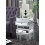 Table de bout HomeStock Belmont avec miroir et quatre tiroirs, table d'appoint contemporaine avec poignées en cristal et panneaux en verre pour rangement de salon
