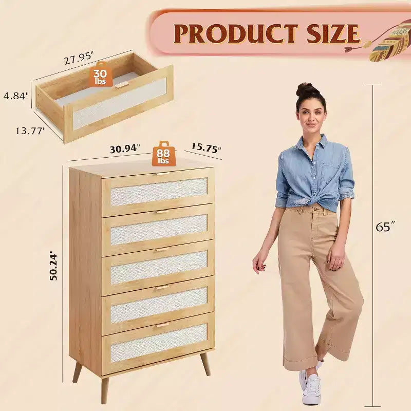 GALAXHERO Commode haute en bois à 5 tiroirs - Organisateur de rangement avec poignées métalliques pour chambre à coucher, salon, couloir et placard, blanc