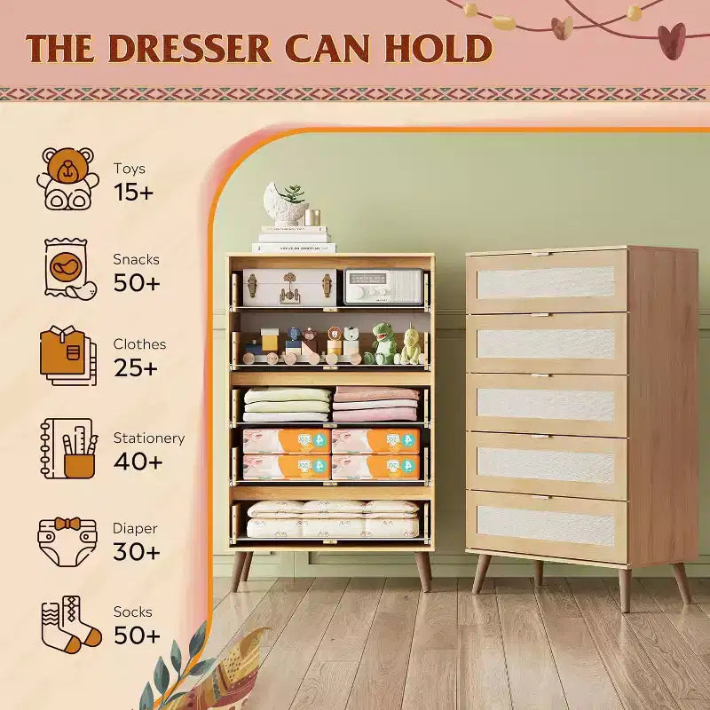 GALAXHERO Commode haute en bois à 5 tiroirs - Organisateur de rangement avec poignées métalliques pour chambre à coucher, salon, couloir et placard, blanc
