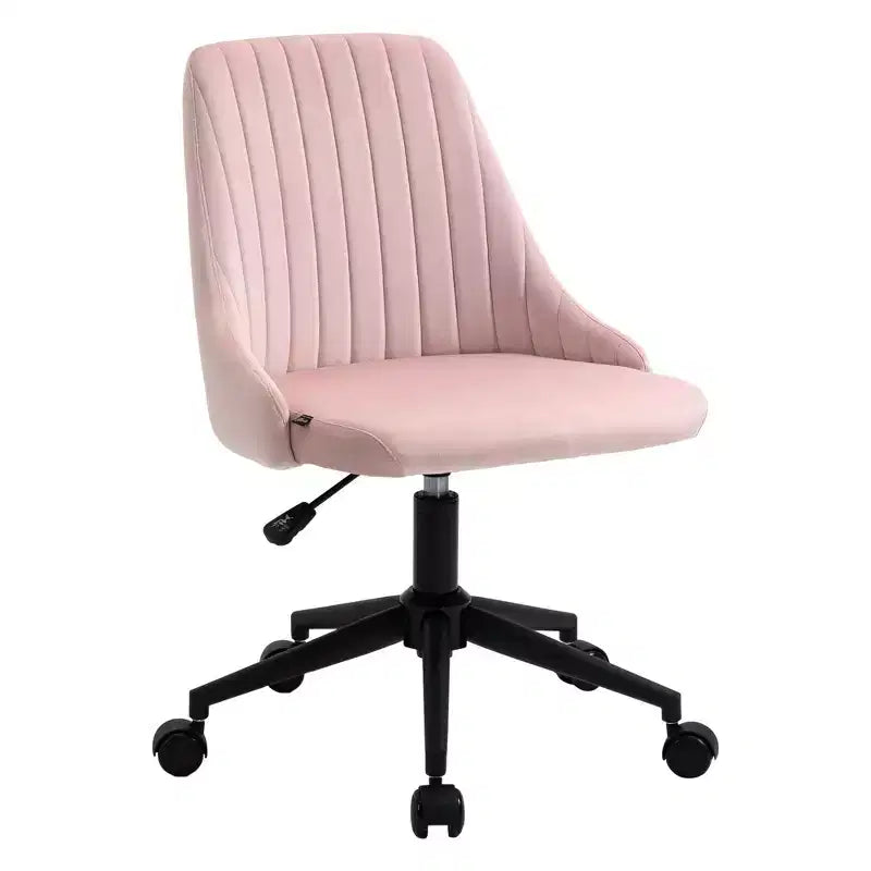 Chaise de bureau Okak à dossier mi-haut, chaise de vanité en velours avec hauteur réglable et roulettes pivotantes à 360°, chaise confortable rembourrée pour le bureau, la maison, rose