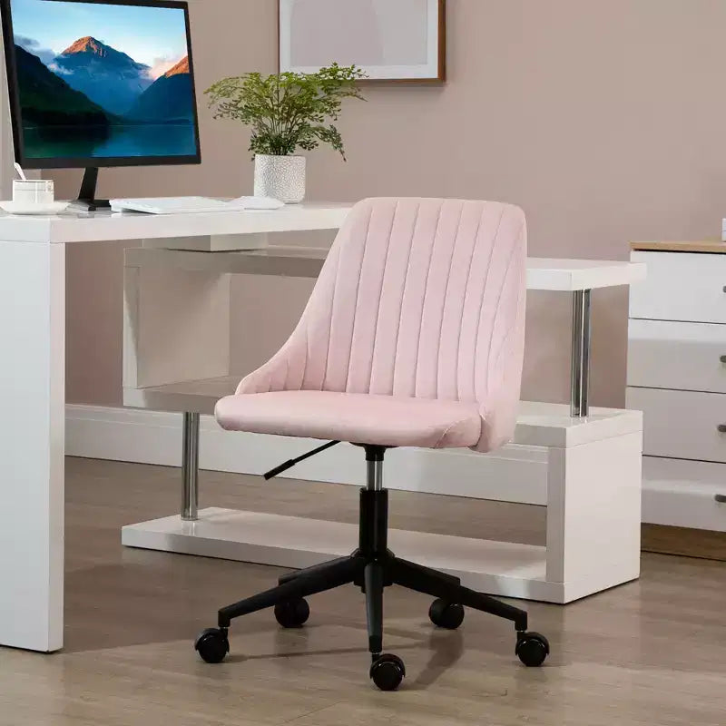 Chaise de bureau Okak à dossier mi-haut, chaise de vanité en velours avec hauteur réglable et roulettes pivotantes à 360°, chaise confortable rembourrée pour le bureau, la maison, rose
