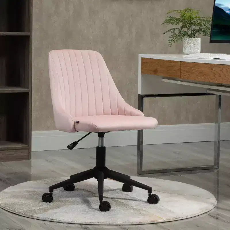 Chaise de bureau Okak à dossier mi-haut, chaise de vanité en velours avec hauteur réglable et roulettes pivotantes à 360°, chaise confortable rembourrée pour le bureau, la maison, rose