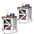 COZONY Set of 2 Nightstands with Charging Station and Barn Door Storage, Farmhouse End Table Sofa Side Table for Bedroom, Living Room