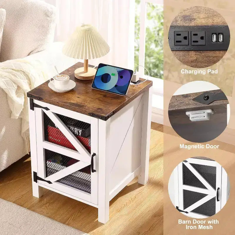 COZONY Lot de 2 tables de chevet avec station de charge et rangement à porte coulissante, table d'appoint de style ferme pour chambre à coucher, salon