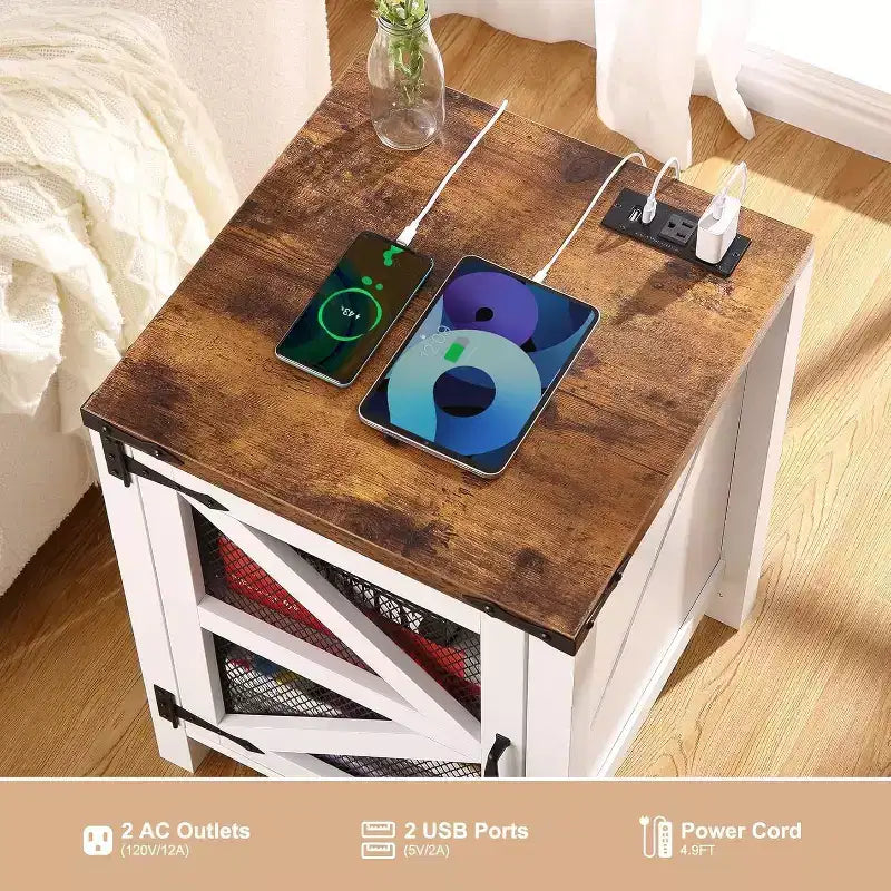 COZONY Lot de 2 tables de chevet avec station de charge et rangement à porte coulissante, table d'appoint de style ferme pour chambre à coucher, salon