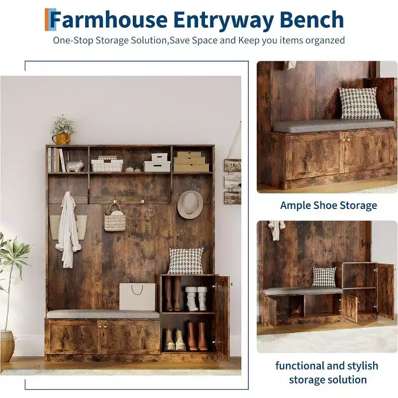Porte-manteau d'entrée avec banc et rangement à chaussures, Banc d'entrée de ferme 3-en-1 avec porte-manteau, 4 crochets, 4 compartiments à chaussures et 3 compartiments ouverts, pour la maison