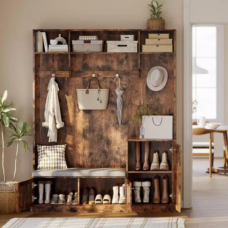 Porte-manteau d'entrée avec banc et rangement à chaussures, Banc d'entrée de ferme 3-en-1 avec porte-manteau, 4 crochets, 4 compartiments à chaussures et 3 compartiments ouverts, pour la maison