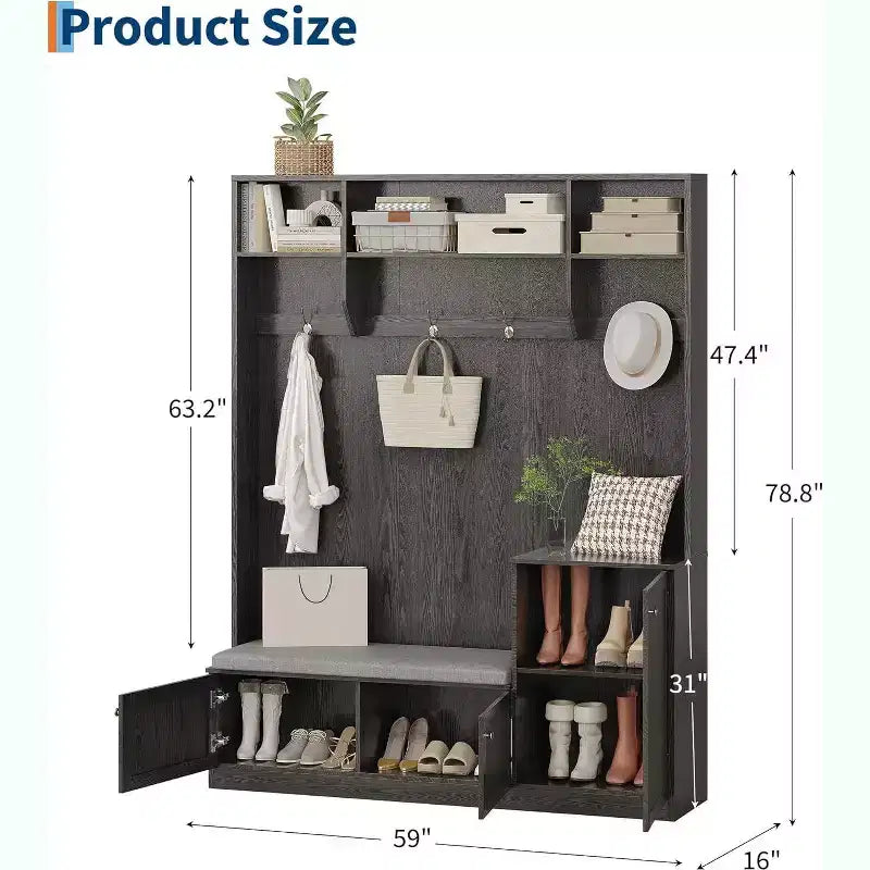 Porte-manteau d'entrée avec banc et rangement à chaussures, Banc d'entrée de ferme 3-en-1 avec porte-manteau, 4 crochets, 4 compartiments à chaussures et 3 compartiments ouverts, pour la maison