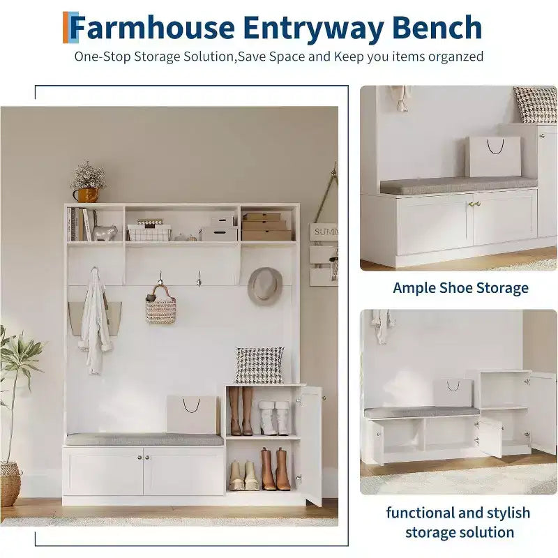 Porte-manteau d'entrée avec banc et rangement à chaussures, Banc d'entrée de ferme 3-en-1 avec porte-manteau, 4 crochets, 4 compartiments à chaussures et 3 compartiments ouverts, pour la maison