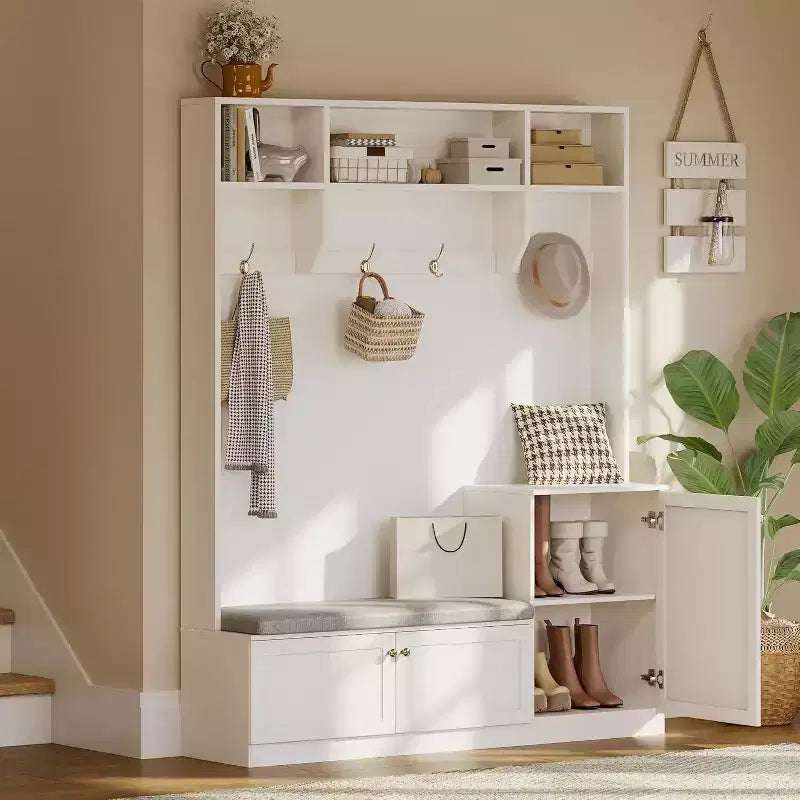 Porte-manteau d'entrée avec banc et rangement à chaussures, Banc d'entrée de ferme 3-en-1 avec porte-manteau, 4 crochets, 4 compartiments à chaussures et 3 compartiments ouverts, pour la maison