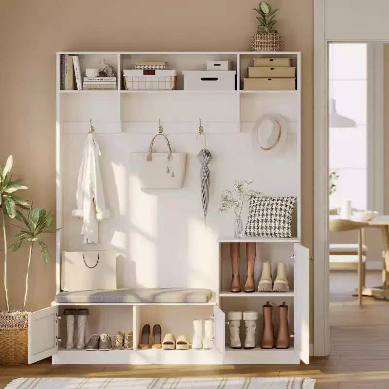 Porte-manteau d'entrée avec banc et rangement à chaussures, Banc d'entrée de ferme 3-en-1 avec porte-manteau, 4 crochets, 4 compartiments à chaussures et 3 compartiments ouverts, pour la maison