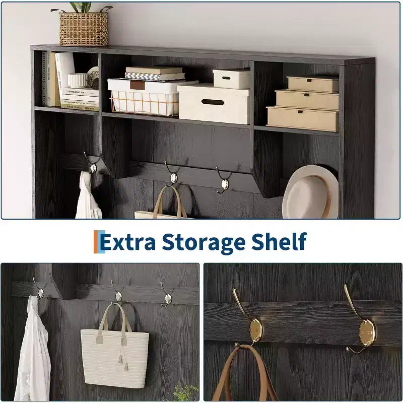 Porte-manteau d'entrée avec banc et rangement à chaussures, Banc d'entrée de ferme 3-en-1 avec porte-manteau, 4 crochets, 4 compartiments à chaussures et 3 compartiments ouverts, pour la maison