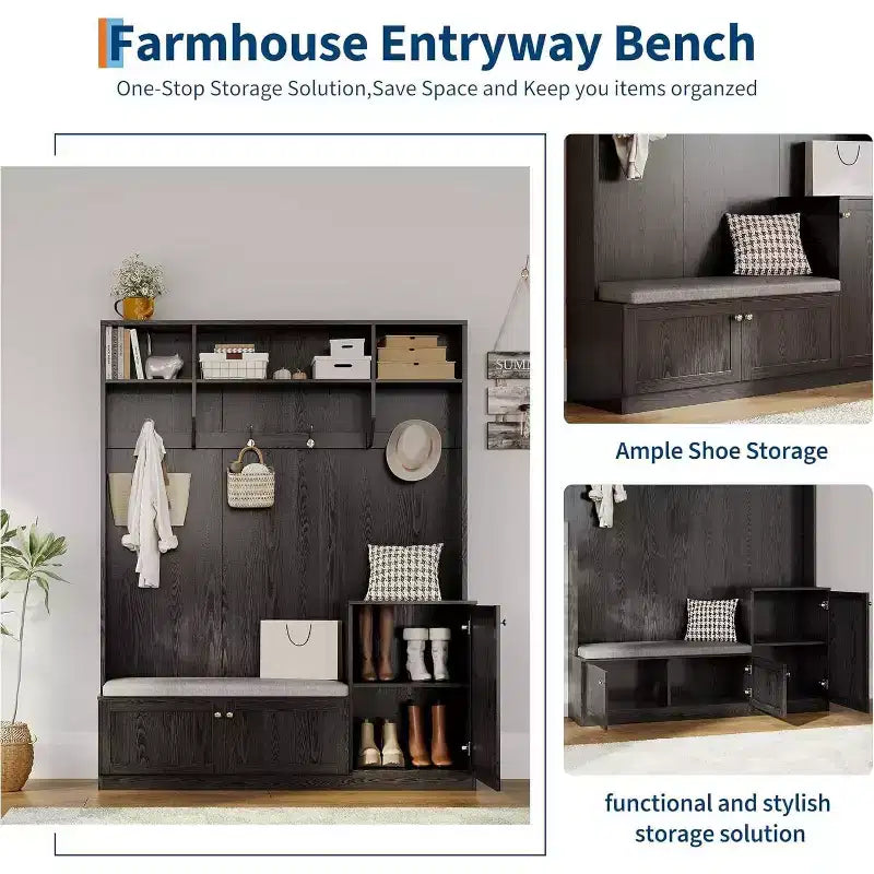 Porte-manteau d'entrée avec banc et rangement à chaussures, Banc d'entrée de ferme 3-en-1 avec porte-manteau, 4 crochets, 4 compartiments à chaussures et 3 compartiments ouverts, pour la maison