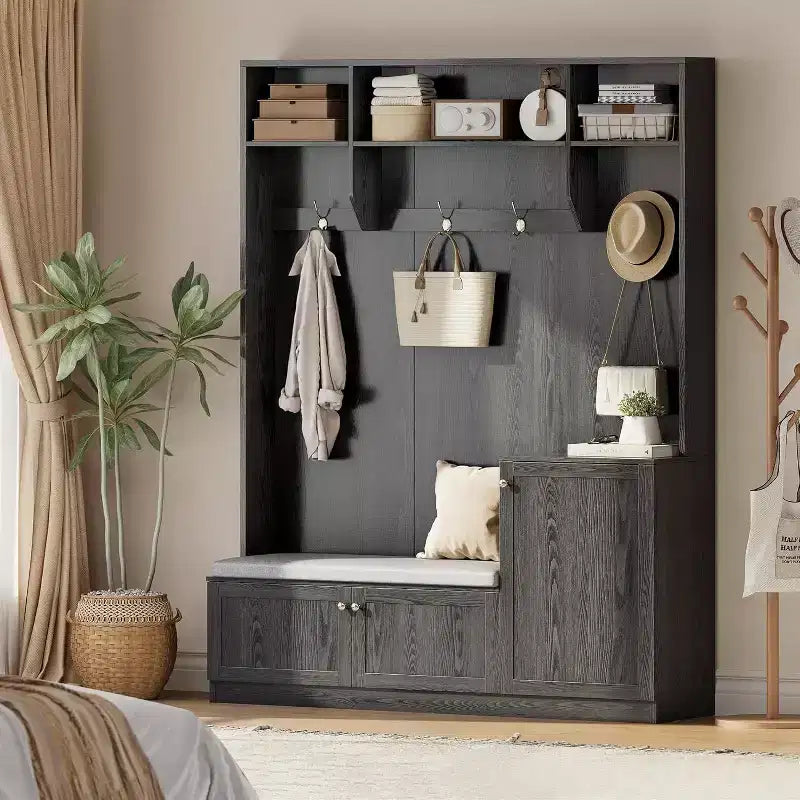 Porte-manteau d'entrée avec banc et rangement à chaussures, Banc d'entrée de ferme 3-en-1 avec porte-manteau, 4 crochets, 4 compartiments à chaussures et 3 compartiments ouverts, pour la maison