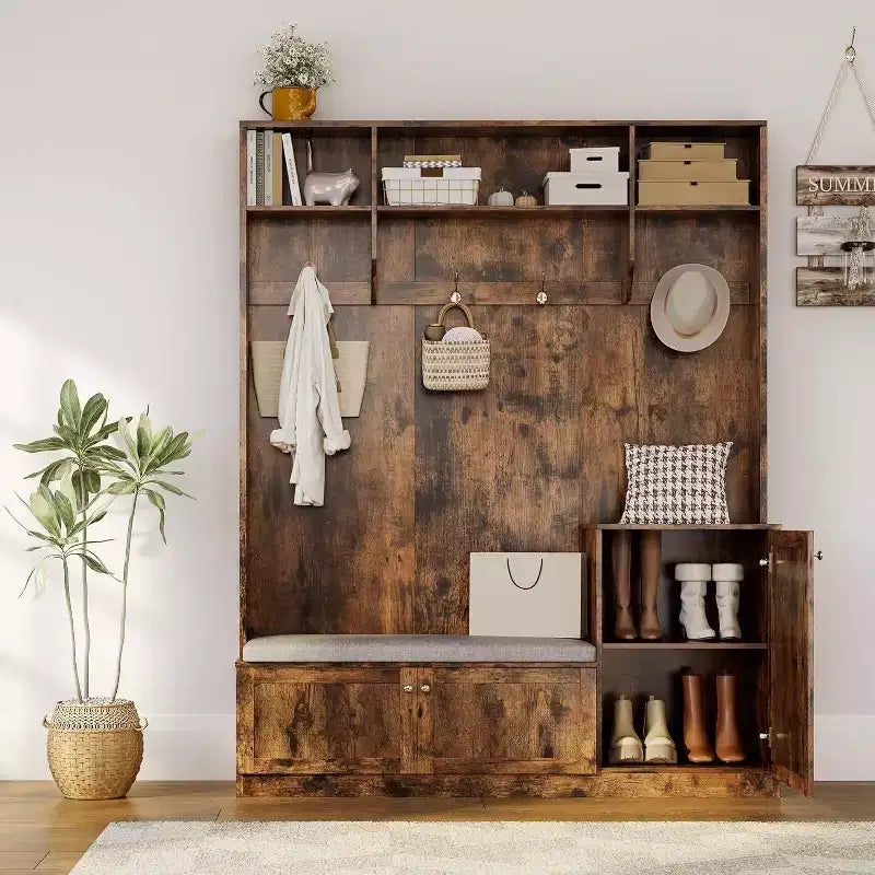 Porte-manteau d'entrée avec banc et rangement à chaussures, Banc d'entrée de ferme 3-en-1 avec porte-manteau, 4 crochets, 4 compartiments à chaussures et 3 compartiments ouverts, pour la maison