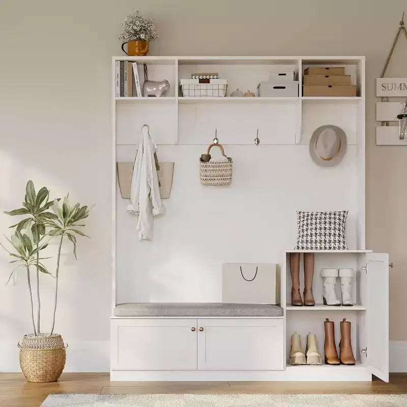Porte-manteau d'entrée avec banc et rangement à chaussures, Banc d'entrée de ferme 3-en-1 avec porte-manteau, 4 crochets, 4 compartiments à chaussures et 3 compartiments ouverts, pour la maison