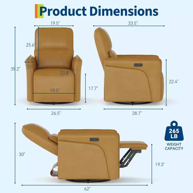 Fauteuil inclinable en cuir pivotant à 360°, fauteuil à bascule électrique pour chambre d'enfant, fauteuil inclinable avec support lombaire, port USB et repose-pieds, pour salon, marron