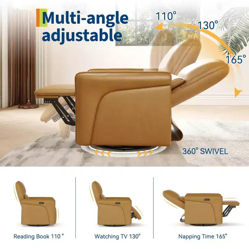 Fauteuil inclinable en cuir pivotant à 360°, fauteuil à bascule électrique pour chambre d'enfant, fauteuil inclinable avec support lombaire, port USB et repose-pieds, pour salon, marron