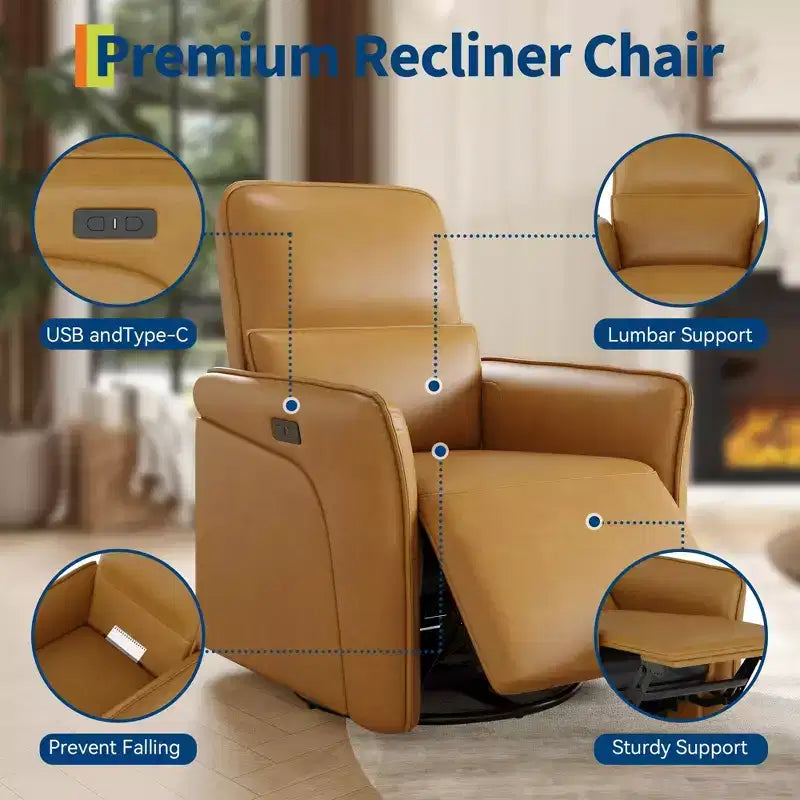 Fauteuil inclinable en cuir pivotant à 360°, fauteuil à bascule électrique pour chambre d'enfant, fauteuil inclinable avec support lombaire, port USB et repose-pieds, pour salon, marron