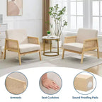 GustoWave Fauteuil d'appoint en bois et rotin 2 pièces avec revêtement en tissu de lin, fauteuil de salon avec coussin moelleux pour le salon, beige