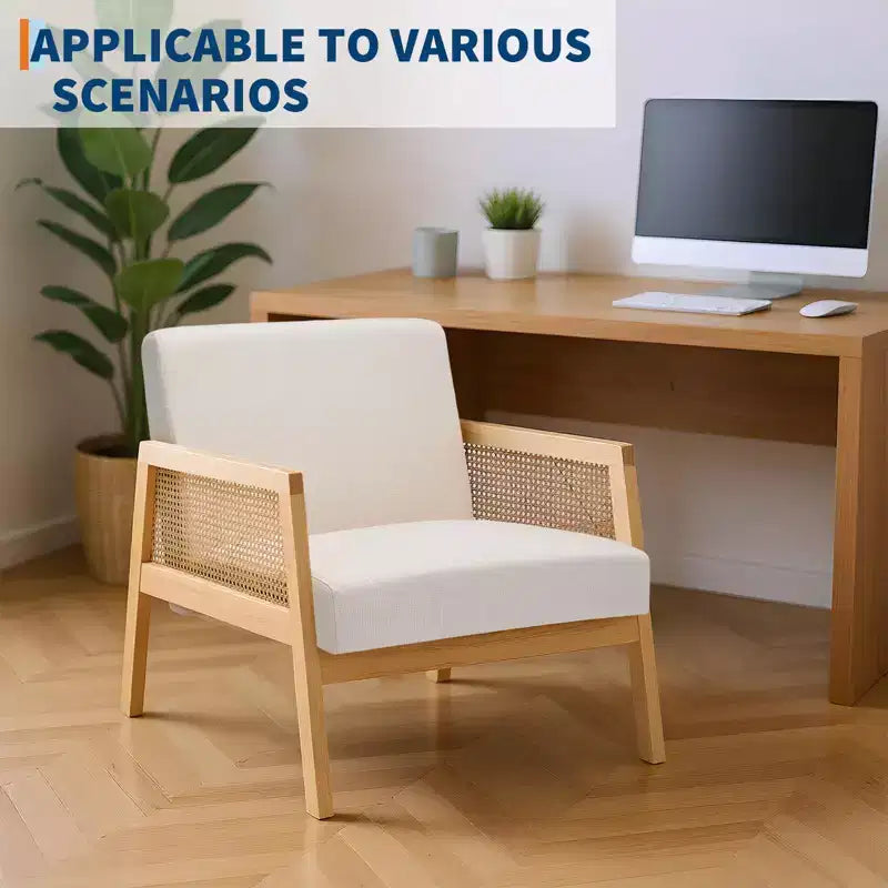 GustoWave Fauteuil d'appoint en bois et rotin 2 pièces avec revêtement en tissu de lin, fauteuil de salon avec coussin moelleux pour le salon, beige