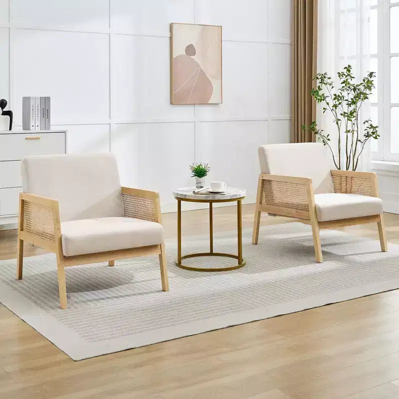GustoWave Fauteuil d'appoint en bois et rotin 2 pièces avec revêtement en tissu de lin, fauteuil de salon avec coussin moelleux pour le salon, beige